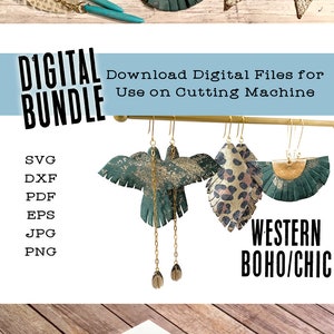 May include: Digital download bundle of earring designs in SVG, DXF, PDF, EPS, JPG, and PNG formats. The designs feature a western boho chic theme with various shapes, colors, and textures. The image shows a variety of earring designs, including a bird, a feather, a heart, and a fan.