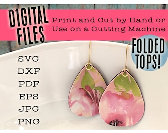 May include: Digital files for folded leather earrings. The files include SVG, DXF, PDF, EPS, JPG, and PNG formats. The image shows a variety of earrings with different colors and patterns, including floral, gold, brown, and red.