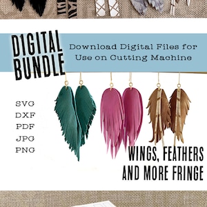 Puede incluir: Paquete de descarga digital de archivos SVG, DXF, PDF, JPG y PNG para diseños de máquinas de corte. Los diseños incluyen alas, plumas y flecos. La imagen muestra una variedad de pendientes de cuero y una plantilla para cortar los diseños.