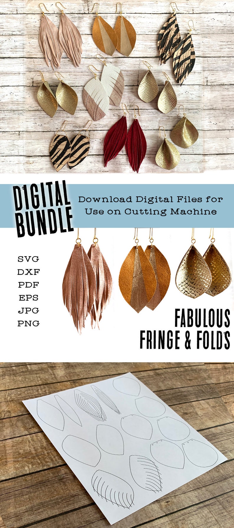 May include: Digital download bundle of earring designs for cutting machines. The bundle includes SVG, DXF, PDF, EPS, JPG, and PNG files. The image shows a variety of leather earrings with fringe and fold details. The earrings are in various colors, including gold, brown, red, and black. The image also shows a printed sheet with the earring designs.