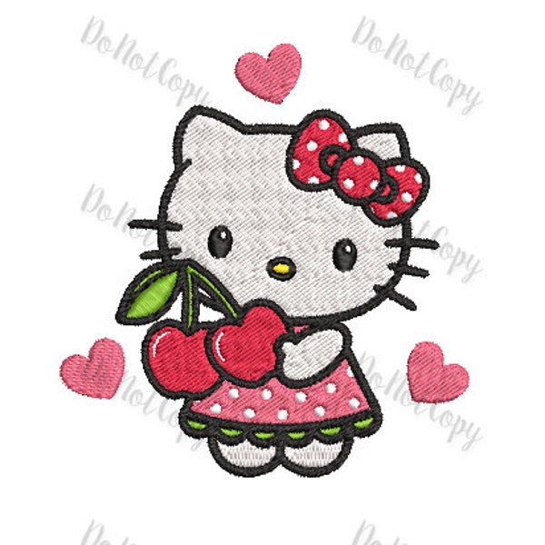 Kitty Heart Cherries LOVE Pink Bow Cat Cartoon Machine Embroidery Design File