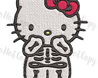 Kitty Skeleton Bones Halloween Bow ~ Cat Cartoon  Machine Embroidery Design File 2 Files