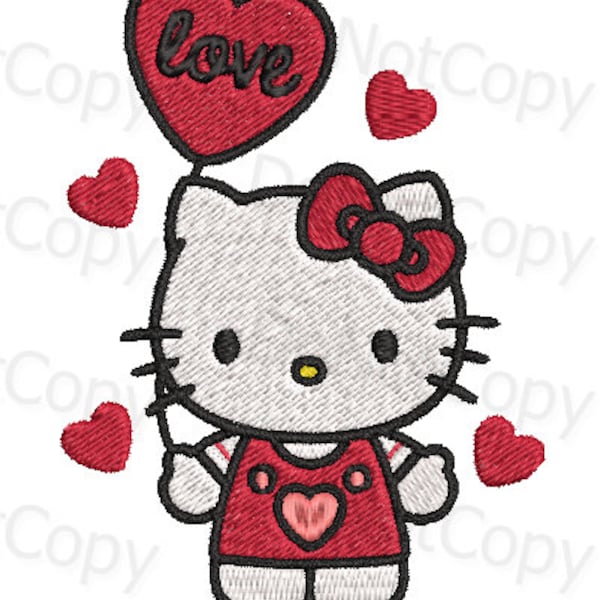 Kitty Heart LOVE Red Bow Balloon Valentines Day Cat Cartoon Machine Embroidery Design File