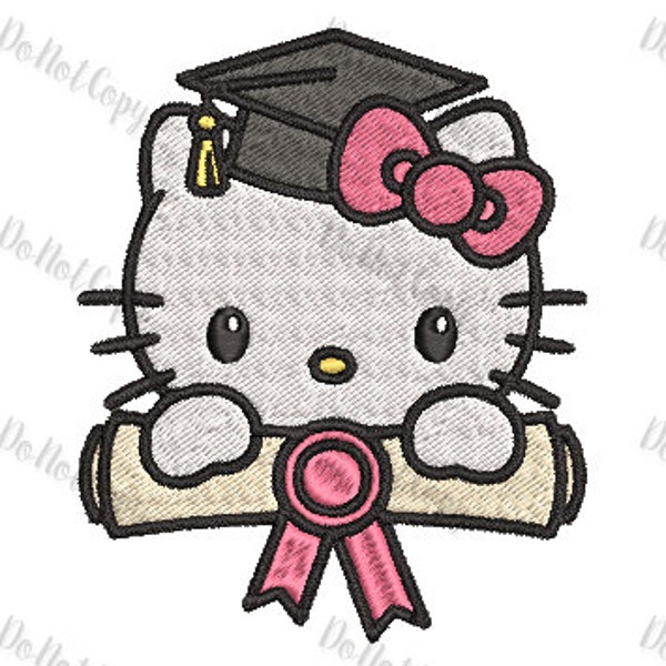 Kitty Cartoon Graduate Diploma 2024 Abschluss rosa Schleife Maschinenstickdatei