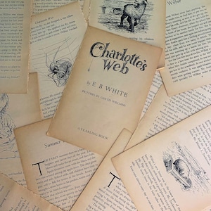 Vintage Charlotte's Web page bundle | 8-sheet old ephemera lot | aged paper pack from classic children's book for crafting, decor