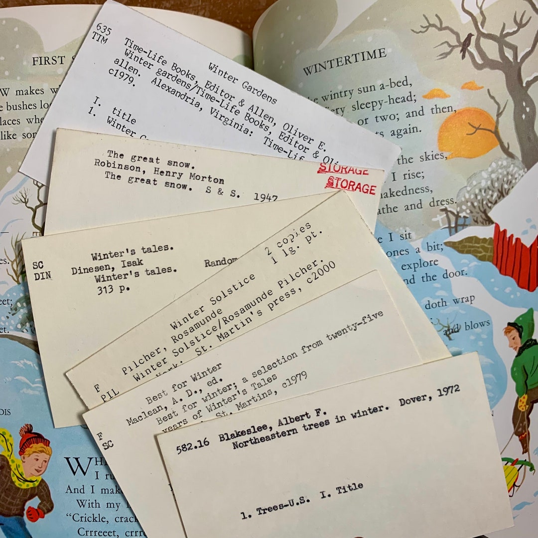 6 Winter Theme Library Catalog Cards Authentic Vintage Index Cards