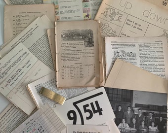 40 piece vintage school theme ephemera lot | old shabby mixed paper pack for scrapbook, junk journal supply, retro craft stash