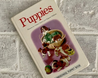 Vintage puppet picture book | Puppies by Tadasu Izawa and Shigemi Hijikata | 1973 old white + purple illustrated kids board book about dogs