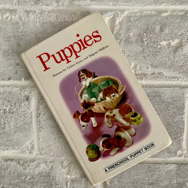 Vintage puppet picture book | Puppies by Tadasu Izawa and Shigemi Hijikata | 1973 old white + purple illustrated kids board book about dogs