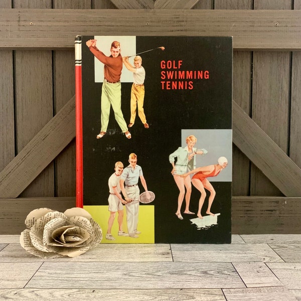 Vintage midcentury sports book | Golf Swimming Tennis | old childrens book with kitschy cover and athletics themed photos and illustrations