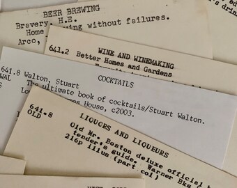 Cocktail theme library catalog cards | 6 vintage index cards from old library card catalog | ephemera lot for craft, junk journal supply