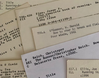 Running theme library catalog cards | 6 vintage index cards from old library card catalog | ephemera lot for craft or junk journal supply