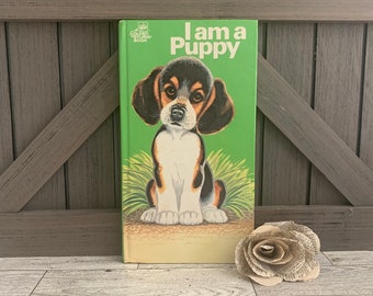 Vintage beagle book | I Am a Puppy | Ole Risom and Jan Pfloog | Golden Press dog picture book | old green 1970 childrens animal board book