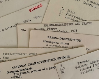 France theme library catalog cards | 6 vintage index cards from old library card catalog | ephemera lot for craft or junk journal supply