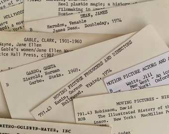 Old Hollywood theme library catalog cards | 6 vintage index cards from library card catalog | ephemera lot for craft or junk journal supply