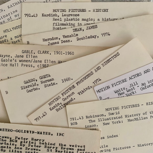 Old Hollywood theme library catalog cards | 6 vintage index cards from library card catalog | ephemera lot for craft or junk journal supply