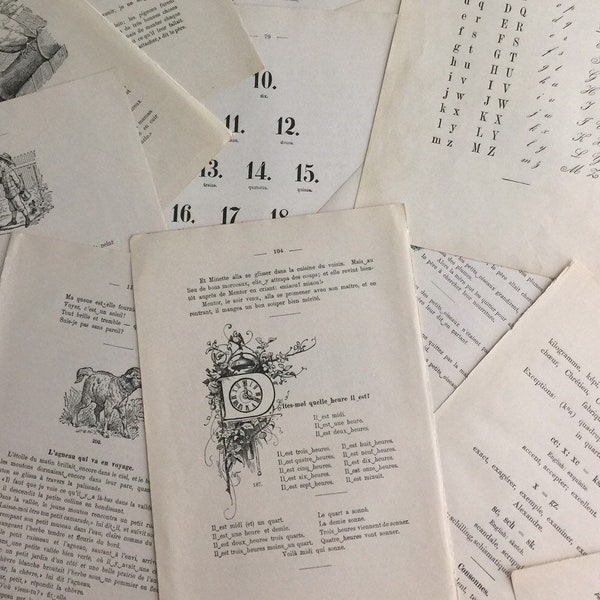 Antique French textbook page bundle | 8-sheet vintage ephemera lot | illustrated school-themed aged paper pack for vintage crafts, decor