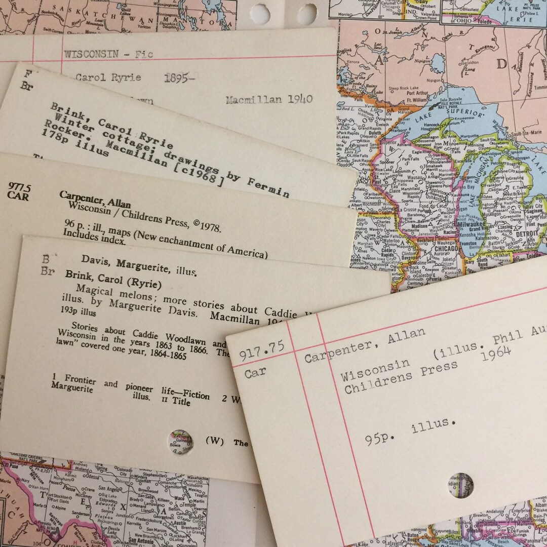Wisconsin Theme Library Catalog Cards 4 Authentic Vintage Index Cards
