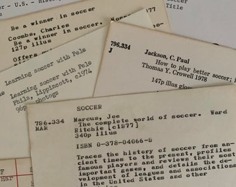 Soccer theme library catalog cards | 6 vintage index cards from old library card catalog | ephemera lot for craft or junk journal supply