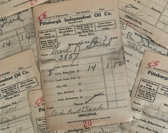 Lot of handwritten 1934 receipts from Pittsburgh Independent Oil Company | old neutral paper ephemera lot for crafting, junk journal supply
