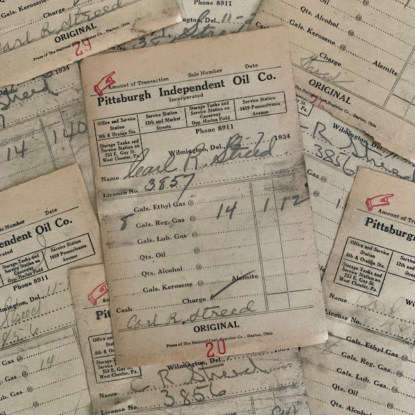 Lot of handwritten 1934 receipts from Pittsburgh Independent Oil Company | old neutral paper ephemera lot for crafting, junk journal supply