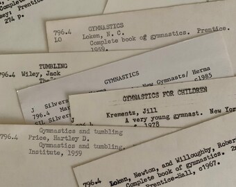 Gymnastics theme library catalog cards | 6 vintage index cards from old library card catalog | ephemera lot for craft or junk journal supply