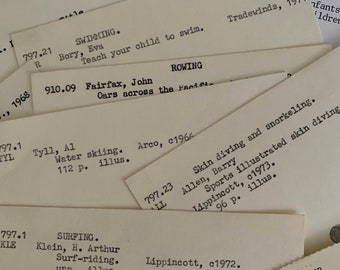 Water sports theme library catalog cards | 6 vintage index cards from old library card catalog | ephemera lot for craft, junk journal supply