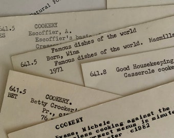 Cooking theme library catalog cards | 6 vintage index cards from old library card catalog | ephemera lot for craft, junk journal supply