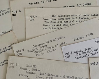 Martial arts theme library catalog cards | 6 vintage index cards from old library card catalog | ephemera lot for craft, junk journal supply