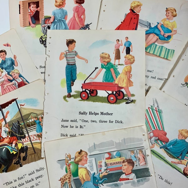 8 vintage Dick and Jane book pages | shabby 1960s ephemera lot from old textbook | illustrated paper pack for crafts and junk journal supply