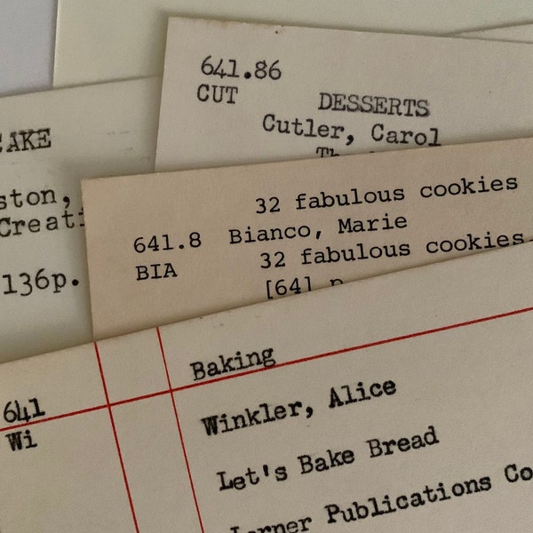 Baking theme library catalog cards | 6 vintage index cards from old library card catalog | paper ephemera lot for craft, junk journal supply