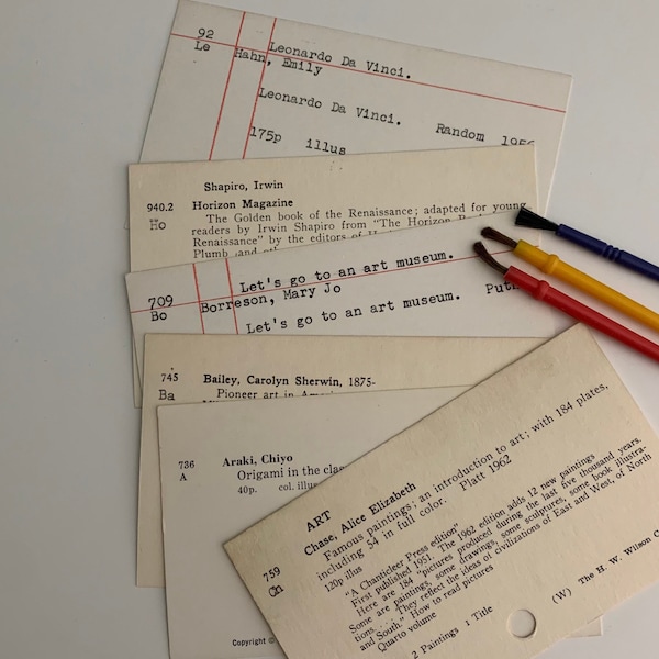 Art theme library catalog cards | 6 authentic vintage index cards from library card catalog | old ephemera lot paper pack for craft, journal