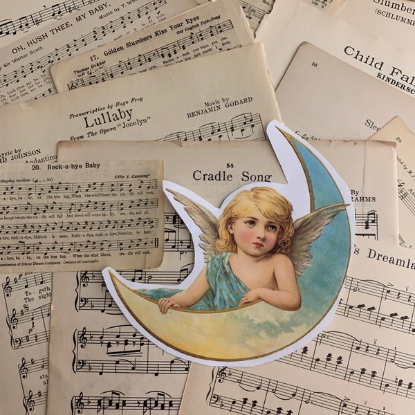 5 lullaby theme pieces of vintage sheet music for crafting | baby aged paper pack | old shabby ephemera lot | distressed junk journal supply