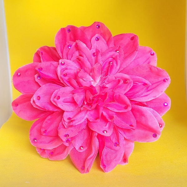 Rhinestone Dahlia Hair Flower in Hot Pink