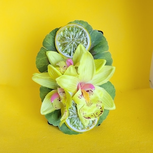 Triple Orchid Citrus Slice Hair Flower in Yellow Green