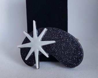 Atomic Star Boomerang Brooch in Black and Shimmery White