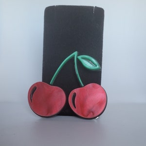 Large Double Cherry Brooch in Marbled Red and Green Acrylic