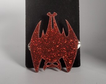 Hanging Bat Brooch in Glitter Red Acrylic