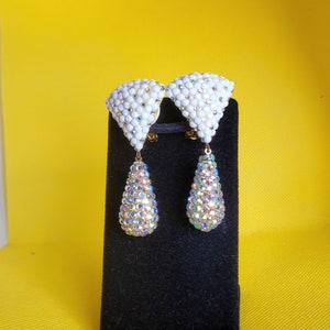 Vintage Richard Kerr Clip On Earrings in White and Aurora Crystals