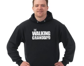 May include: Black hooded sweatshirt with the text "The Walking Granddad" in white.