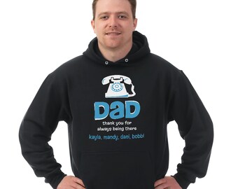 May include: Black hooded sweatshirt with a blue and white graphic of a rotary phone and the word "DAD" with the text "thank you for always being there kayla, mandy, dani, bobbi" underneath.