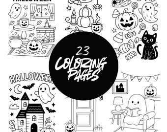 May include: Black and white illustrations of Halloween-themed images, including pumpkins, ghosts, bats, and witch hats. The text "COZY HALLOWEEN" and "23 COLORING PAGES" are also visible. The images are designed for coloring.