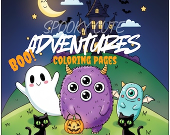 May include: A colorful illustration for a coloring book with the text "Spooky Cute Adventures Coloring Pages". The image features a smiling ghost, a purple monster with three eyes, and a blue monster with one eye. Two black cats are also present.