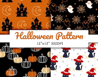 Könnte beinhalten: Vier Halloween-Muster mit gruseligen Motiven. Die Muster zeigen Geisterhäuser, Monde, Geister, Spinnweben, Kürbisse und schwarze Katzen mit Hexenhüten. Der Text "Halloween Pattern" ist in einem Banner zu sehen.