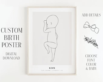 Digital Art Print Birth Newborn Baby Birth Poster Gift Birth Children Minimalist Scale 1:1 Personalized