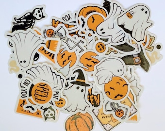 Pack d'autocollants d'Halloween vintage – Lot de 10 mini autocollants de 2,5 cm (1 po.), Stickers citrouilles fantômes, sorcière, squelette mignon, lot d'autocollants rétro mignons effrayants
