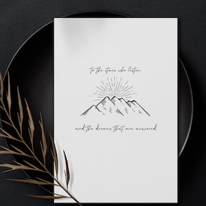 To the stars who listen / and the dreams that are answered / Sarah J Maas card / line drawing / stars and mountains / ACOMF card / ACOTR