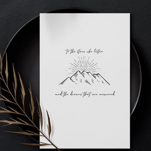 Aux étoiles qui écoutent / et aux rêves qui trouvent une réponse / Carte Sarah J Maas / Dessin au trait / étoiles et montagnes / Carte ACOMF / ACOTR