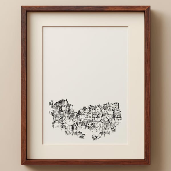 Minimalistische stadsprint, met de hand geïnkte stadstekening, blauwe of zwarte lijntekeningen