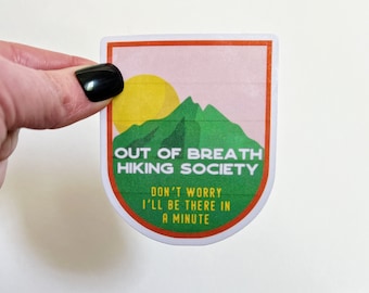 Out of Breath Hiking Society Sticker: Weatherproof Laptop Decal
